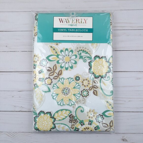 Waverly Other - Waverly Vinyl Tablecloth Floral Flowers 52x90 Green Yellow